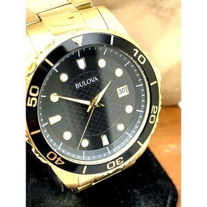 Bulova Men's Watch 98B375 Quartz Black Dial Date Gold Stainless Steel 43mm